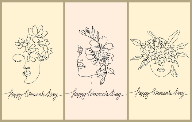 Set of postcards for International Womens Day Line art girls faces in flowers on a pink