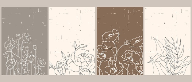 A set of postcards, posters for weddings and Valentine's Day. Line art flowers and plants