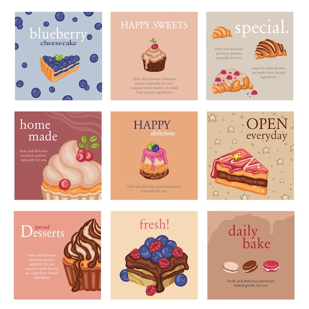 Set postcards sweet pastries bakery banners confectionery cards