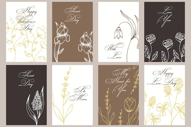 Set of postcards for Valentine's Day. Line art flowers and calligraphy. Quotes about love. Templates