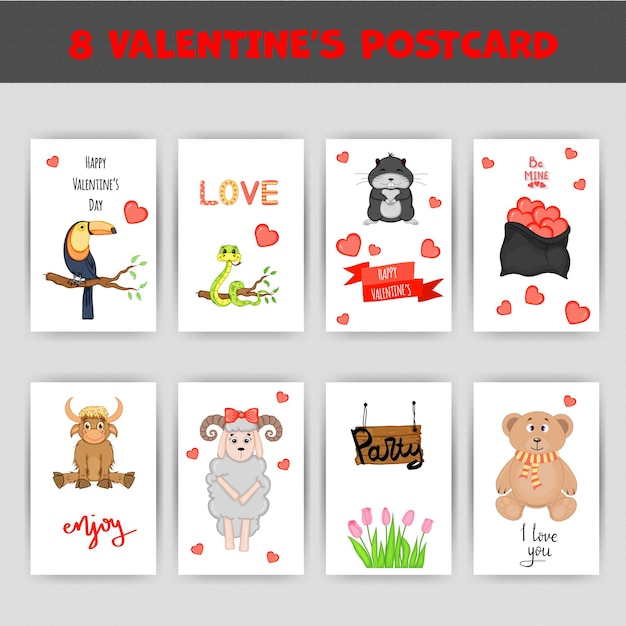 A set of postcards for Valentine's Day Vector illustration with animals for Valentine's Day Template for postcards flyers invitations