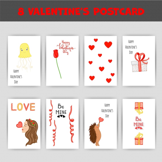 A set of postcards for Valentine's Day Vector illustration with animals for Valentine's Day Template for postcards flyers invitations