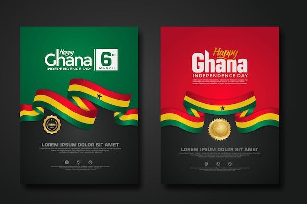 Set poster design Republic Ghana happy Independence Day background template with elegant ribbonshaped flag gold circle ribbon vector illustrations