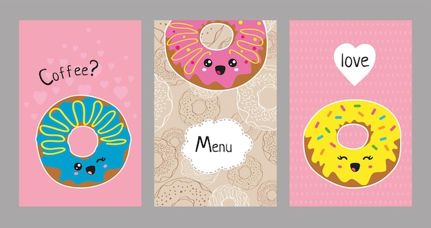 Set poster designs funny donuts Kawaii style Sweet food Design menus showcases or site pastry shop