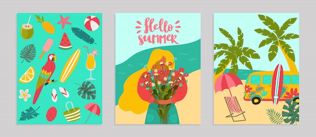 Set poster hello summer concept banner, pattern tropical hot relax   illustration. Surf flyer advertising, ocean rest seaside.