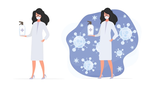 Set for a poster or presentation. Girl doctor holds a sanitizer in her hands. Medical woman in a white coat. Antiseptic. Vector.