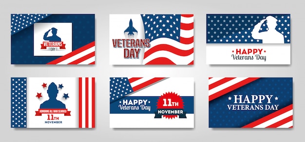 Set poster of veterans day celebration banner set