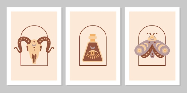 Set poster with magic symbols esoteric witch tattoos. Collection of glass bottle, moth, goat on arch. Vector flat mystic vintage illustration. Design for poster, card, flyer