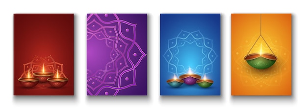 Set of posters for Diwali festival of light Colorful Diya lamps with mandala pattern Traditional Indian cover design Burning lanterns Festive banner for website Greeting card Vector