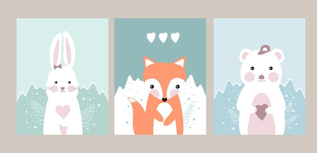 Vector set posters for kids with fox rabbit bear on blue green background wall decor for nursery playroom