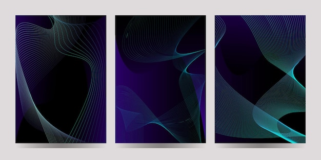 Set of posters in purple, with bright blue stripes Wave lines on Gradient Background Blend Effect