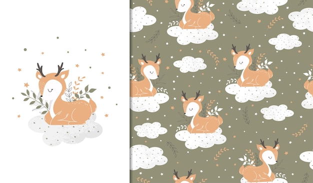 Set of posters and seamless patterns with a forest reindeer Children's illustration Vector