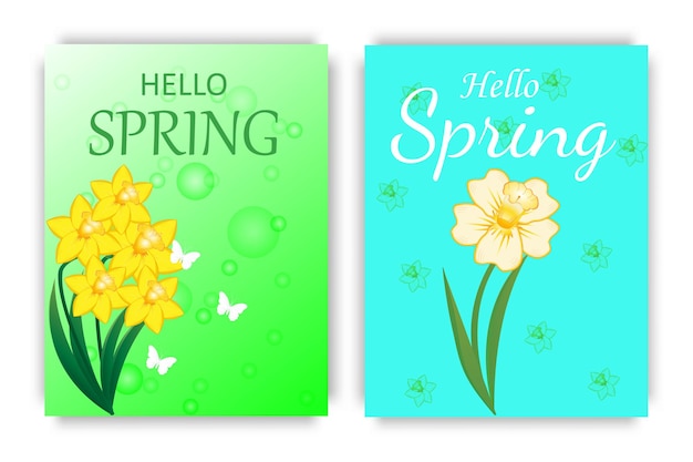 A set of posters on a spring theme with bright daffodils and butterflies Vector illustration