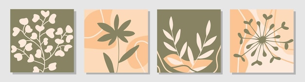 Set of posters with abstract shapes and plants in trendy contemporary collage style