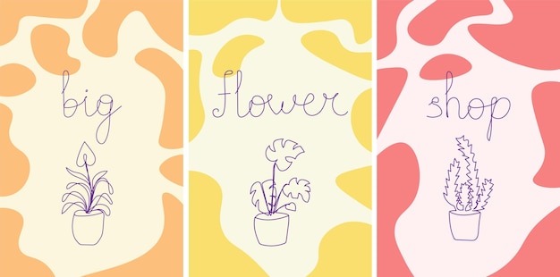 Set of posters with flowerpots Line art hand drawn houseplants with colorful abstract shapes Vector