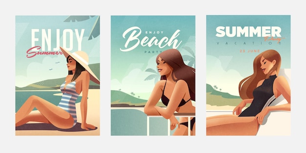 Set of posters with girl relaxing on the beach Summer vacation posters or flyer design