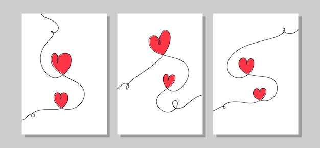 Set of posters with hearts in one line art style. Continuous one line drawing of red hearts on white