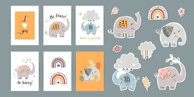 Set of posters with motivational phrases stickers with elephants