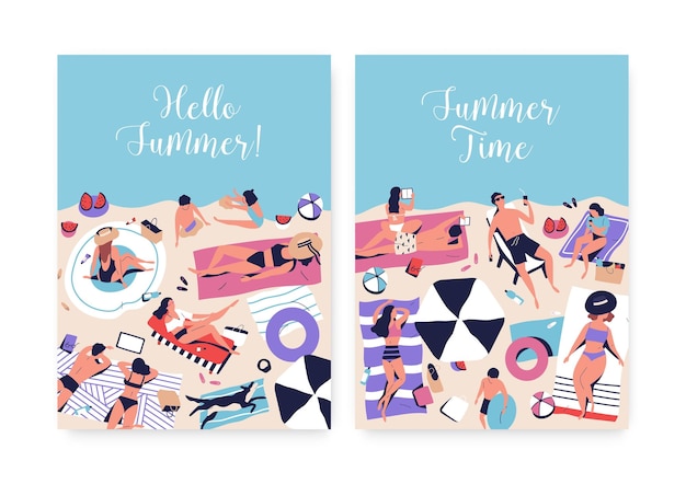 Set of posters with people on beach vector flat illustration. Man, woman, children, couples and dog sunbathing, surfing internet, sleeping at seashore. Hello Summer and Summer time inscription phrase.