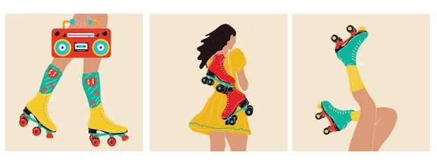 Set of posters with roller skates, Boombox and a girl with roller skates. Sport and disco.