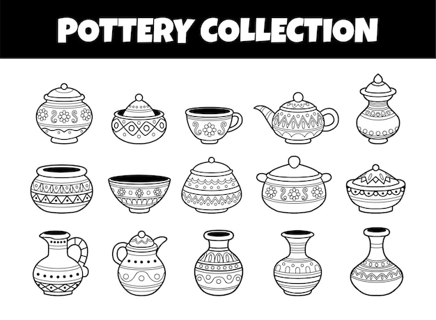 Vector set of pottery outline vector illustration