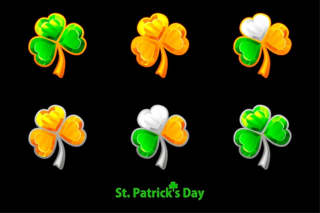 Set precious clover for St. Patricks Day on a black background. Jewelry trefoil, shamrock symbols golden, green.