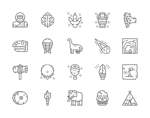 Set of Prehistoric Age Line Icons. Tropical Palm Leaf, Dinosaur, Meteorite, Primitive Axe, Torch Flame, Mammoth and more.