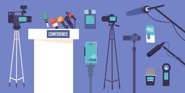 Vector set press conference studio equipment and appliances tribune microphones smartphone on holder and cameras