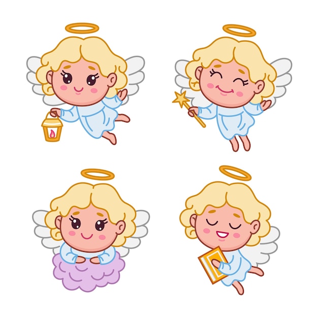 Set of pretty little angel sitting on cloud, reading book, flying with magic wand and light