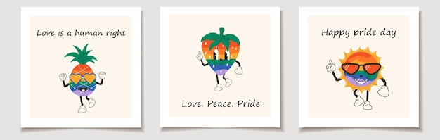 Set of pride day cards Cute happy funny rainbow fruits 30s cartoon mascot character 40s 50s 60s