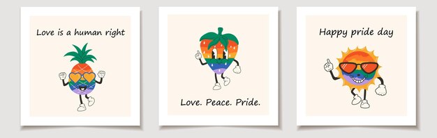 Vector set of pride day cards cute happy funny rainbow fruits 30s cartoon mascot character 40s 50s 60s