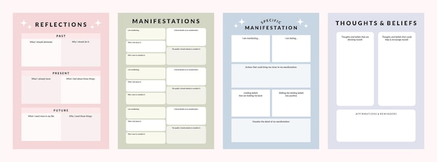 Set of printable vector manifestation and gratitude planner template for journaling