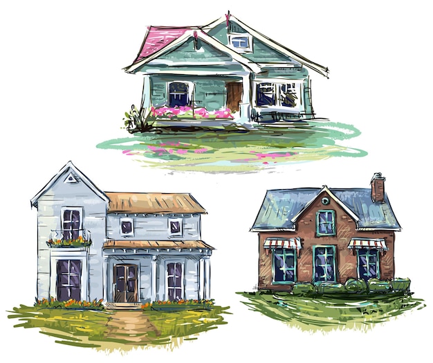 Set of private houses, hand drawn color vector sketch