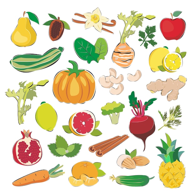 A set of products vegetarianism healthy eating Fruits vegetables nuts and greens Cartoon flat vector illustration isolated background