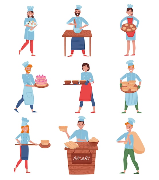 Vector set of professional chefs or bakers in different actions cartoon people characters in uniform young men and women with happy face expressions flat vector illustrations isolated on white background