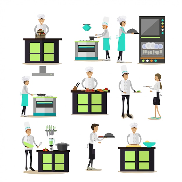 Vector set of professional cooking people characters in flat style