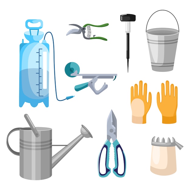 Set professional garden tools on white background in flat style. Kit sprayer, street lamp, gloves, bucket, watering can, pruner, garter belt, scissors.