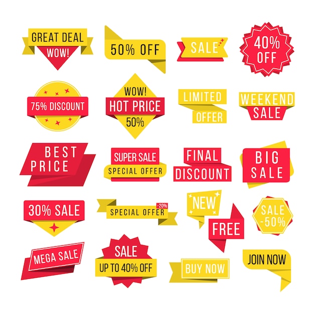 Set of promotional badges and sale tags, modern design for website and advertising. Big sale, new offer and best price, discount for promotional event banners.