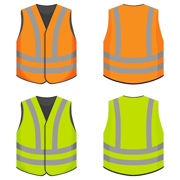 A set of protective vests in orange and yellowVests front and back view isolated on white background