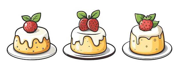 Vector set of pudding cakes with white frosting and strawberry toppings on plates cartoon generative ai