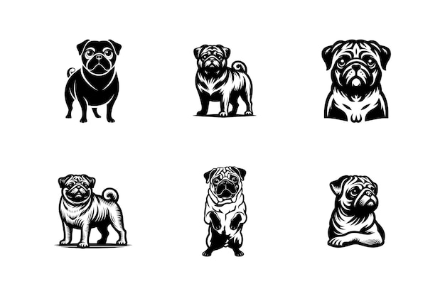 Vector set of pug dog vector art silhouette logo icon design black and white