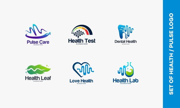 Vector set of pulse care logo, health test logo, dental pulse symbol, nature logo template, love health, pulse laboratory