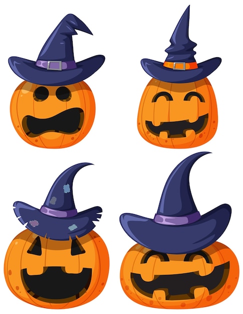 Set of pumpkin halloween wearing witch hat