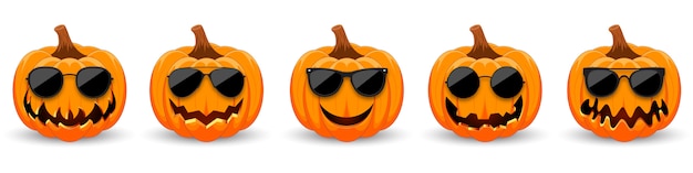 Set of Pumpkins in black sunglasses. The main symbol of the holiday Happy Halloween.