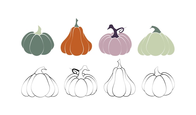 A set of pumpkins in various shapes, black outlined and colored. Vector collection of cute hand draw