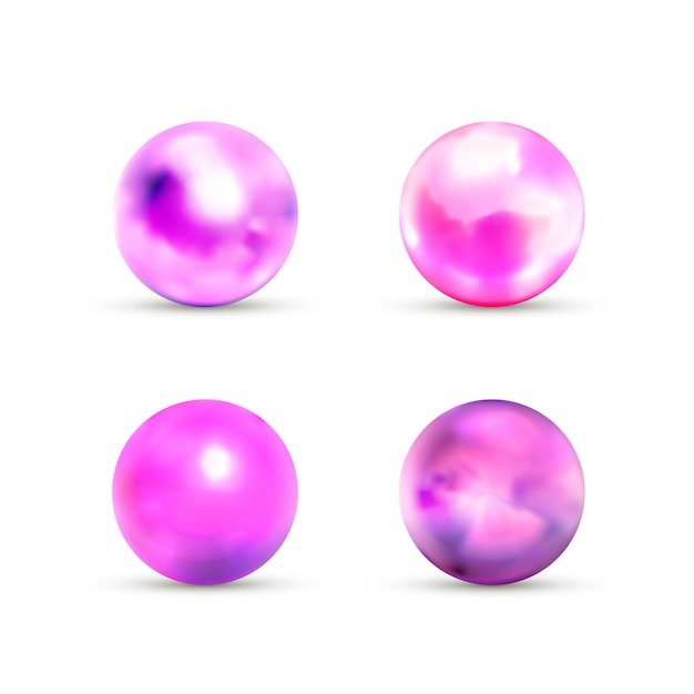 Set of purple glossy marble balls with glare on white