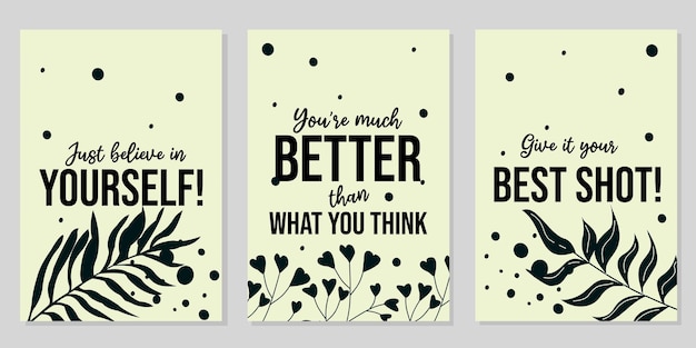 set of quote templates for wall decoration. white background with leaf silhouette elements