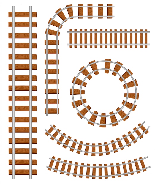 Vector set of  railroad and railway tracks construction elements. straight and curved railroad track. trackway structure for traffic train.  illustration  on white background