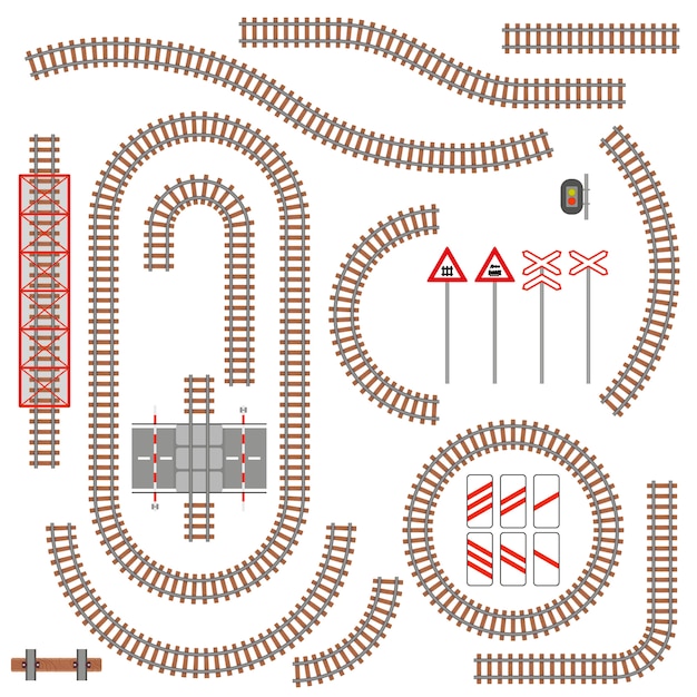 Vector set of railway parts and road signs.  illustration.