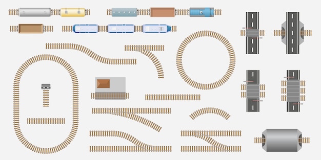 Set of railway parts and trains top view for city map Railroad train track kit City transport Railway route vector collection station electric and freight train wagon locomotive from above